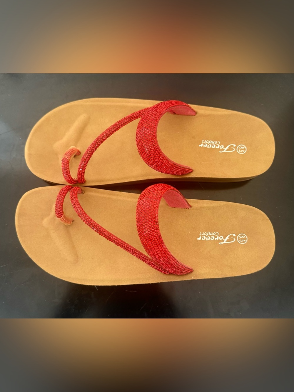 Red Rhinestone Thong Sandals with Cushioned Footbed